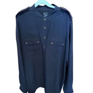 Club Monaco Navy Silk Long Sleeve Button Up Shirt Military Style Size L